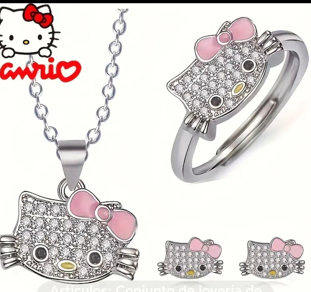 Set collar + anillo regulable + aretes hello kitty