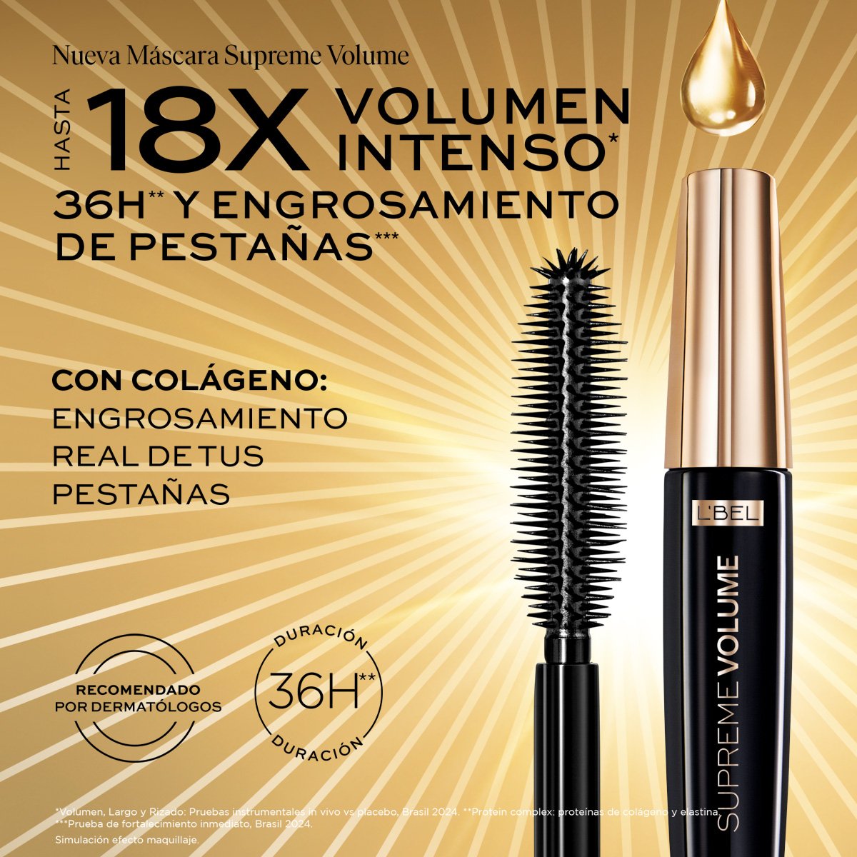 MASCARA CON COLAGENO, EXTREME Y VOLUMEN 36HS